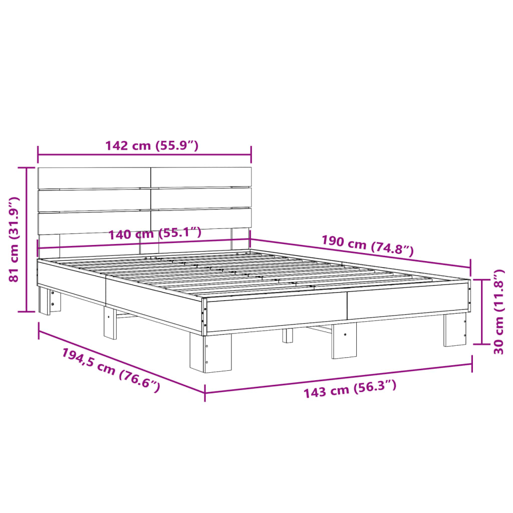 vidaXL Sengeramme sonoma eik 140x190 cm konstruert tre og metall