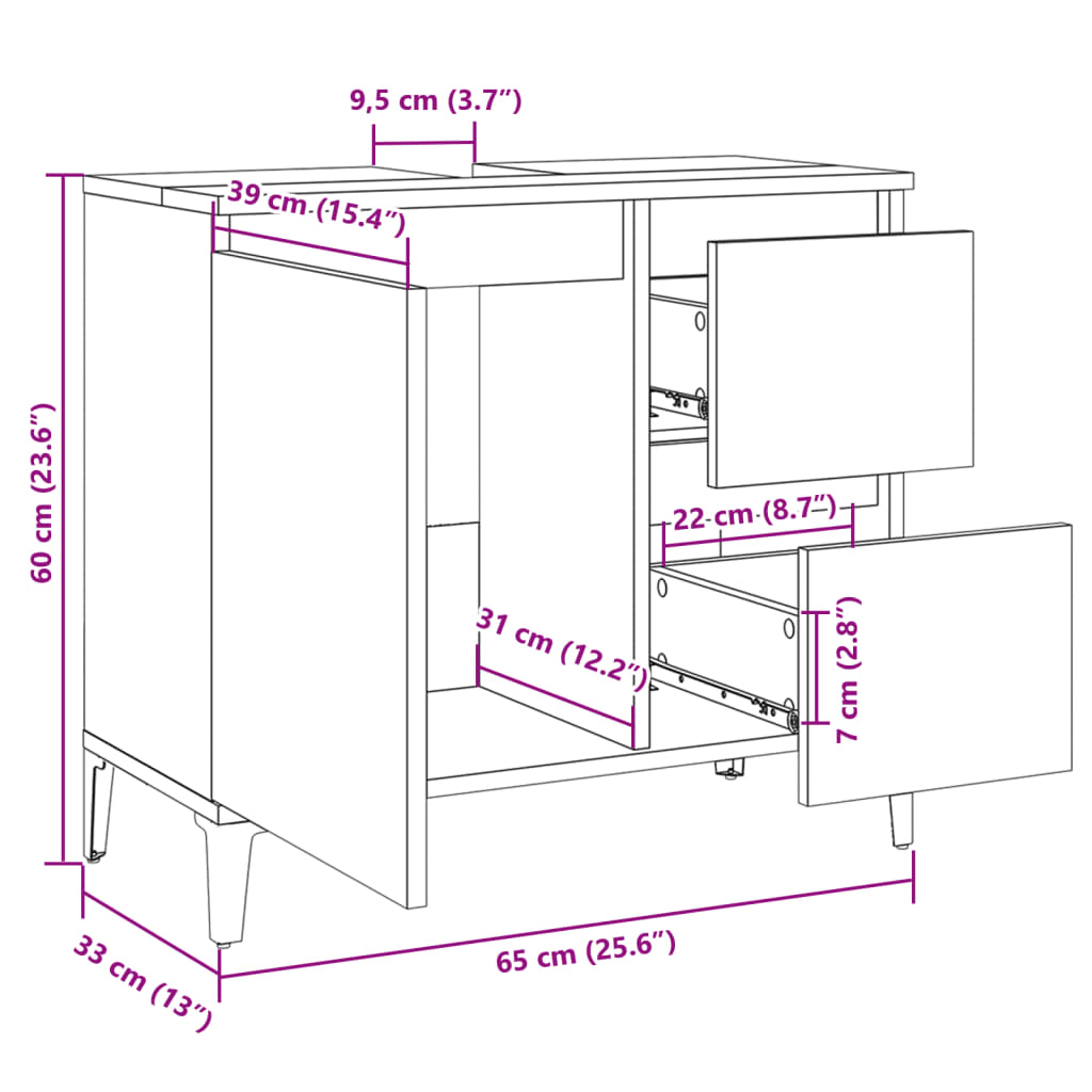 vidaXL Baderomsskap sonoma eik 65x33x60 cm konstruert tre