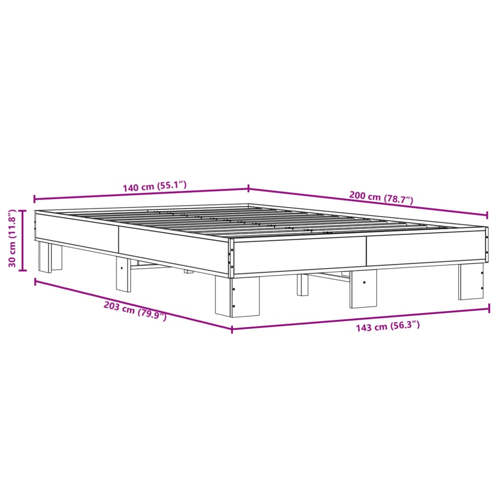 vidaXL Sengeramme røkt eik 140x200 cm konstruert tre og metall