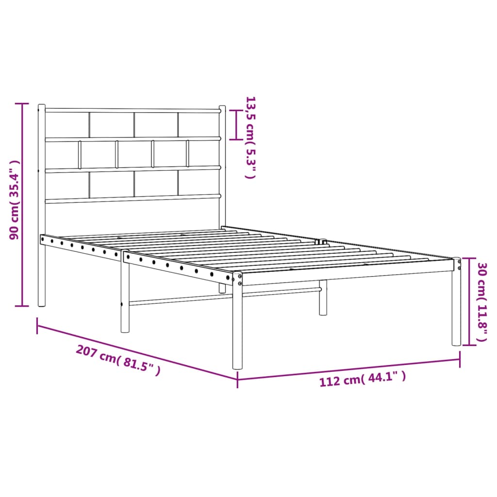 vidaXL Sengeramme i metall med hodegavl hvit 107x203 cm