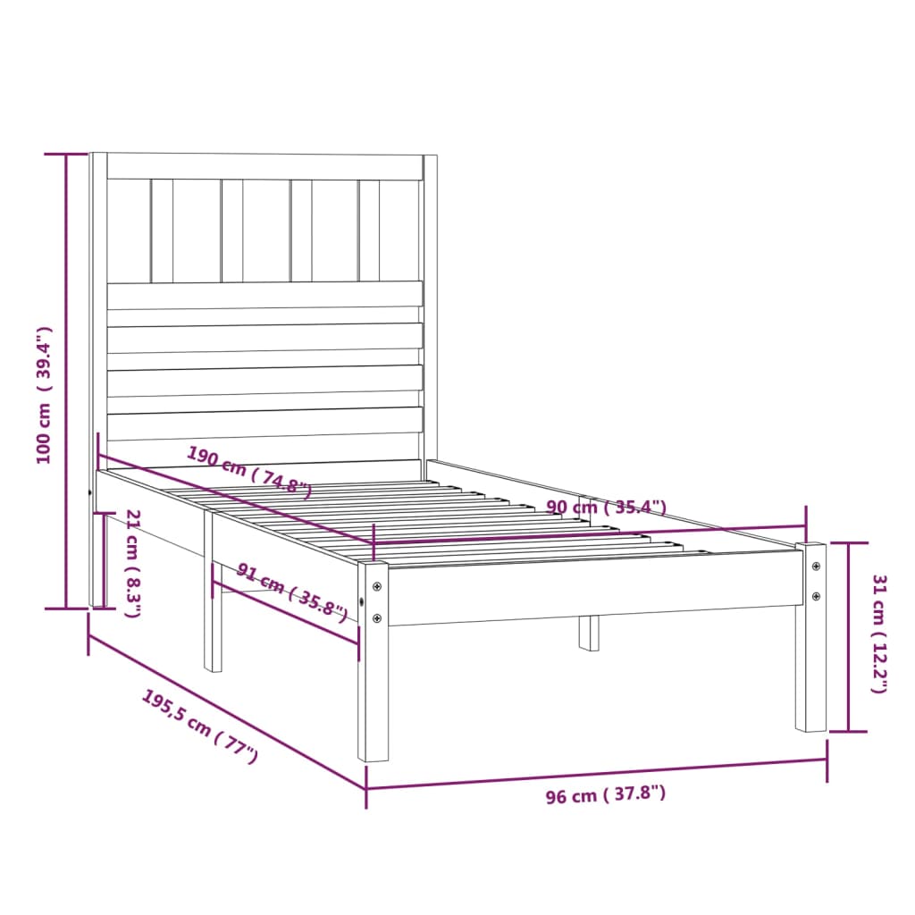 vidaXL Sengeramme hvit 90x190 cm heltre furu