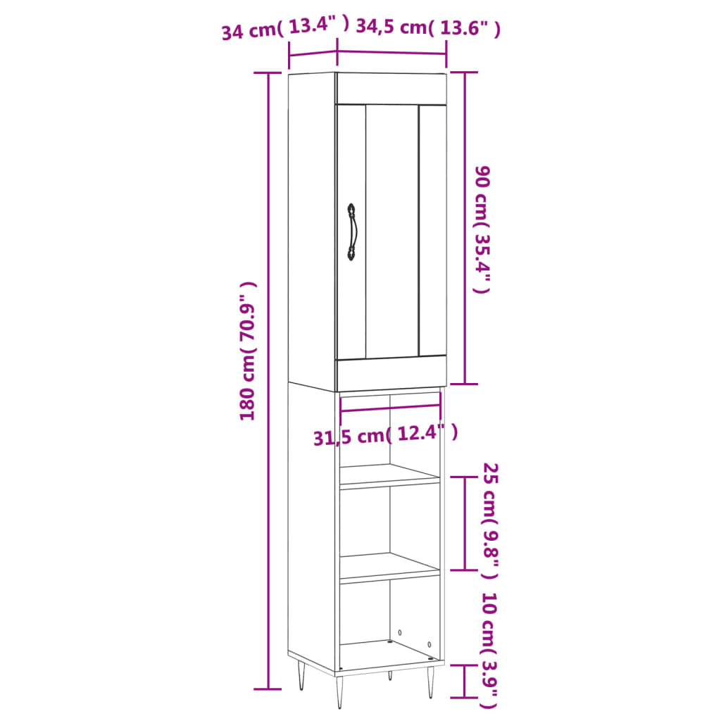 vidaXL Highboard brun eik 34,5x34x180 cm konstruert tre