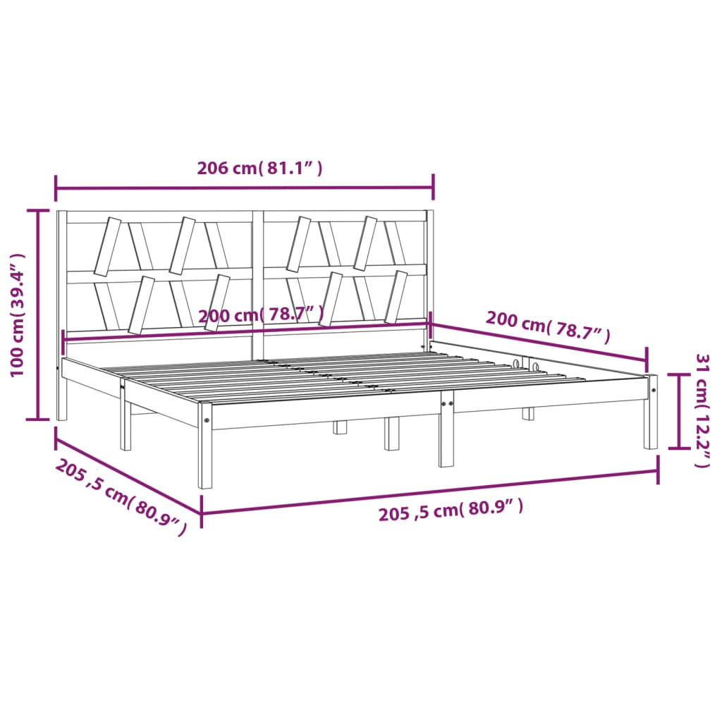 vidaXL Sengeramme svart heltre furu 200x200 cm