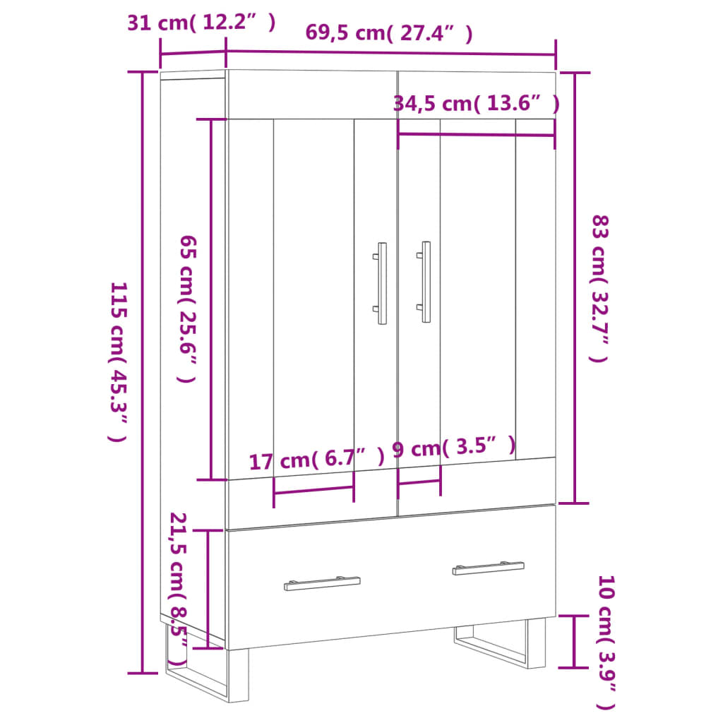 vidaXL Highboard betonggrå 69,5x31x115 cm konstruert tre