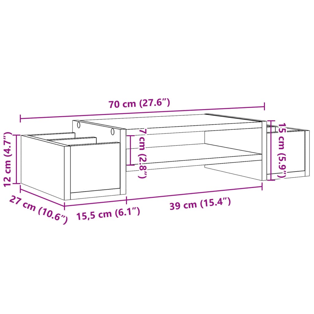 vidaXL Skjermhylle med oppbevaring røkt eik 70x27x15 cm konstruert tre