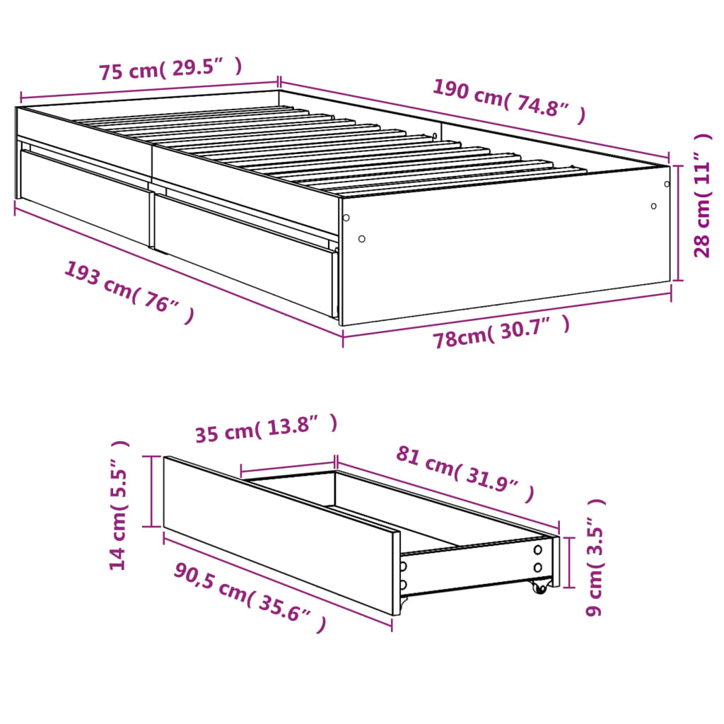 vidaXL Sengeramme med skuffer svart 75x190 cm konstruert tre