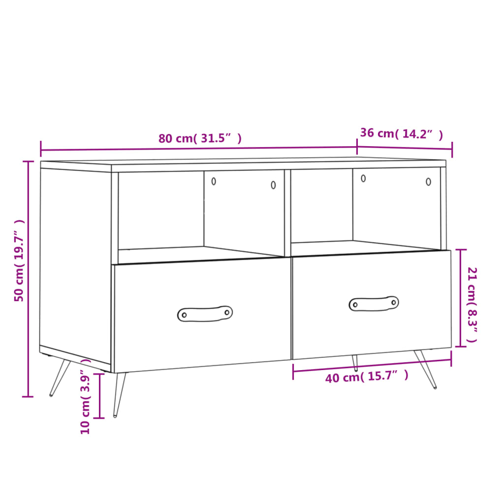 vidaXL TV-benk hvit 80x36x50 cm konstruert tre