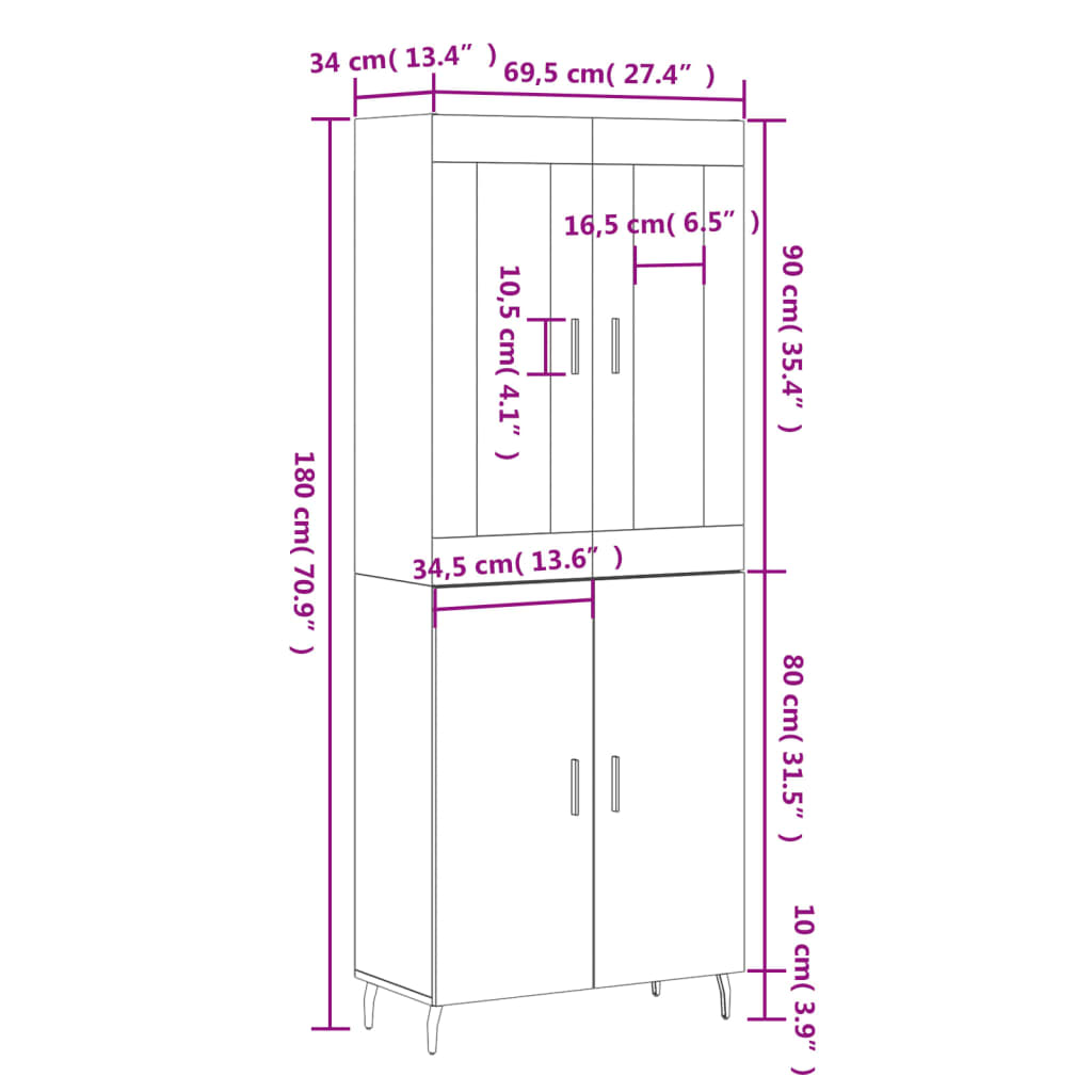 vidaXL Highboard svart 69,5x34x180 cm konstruert tre