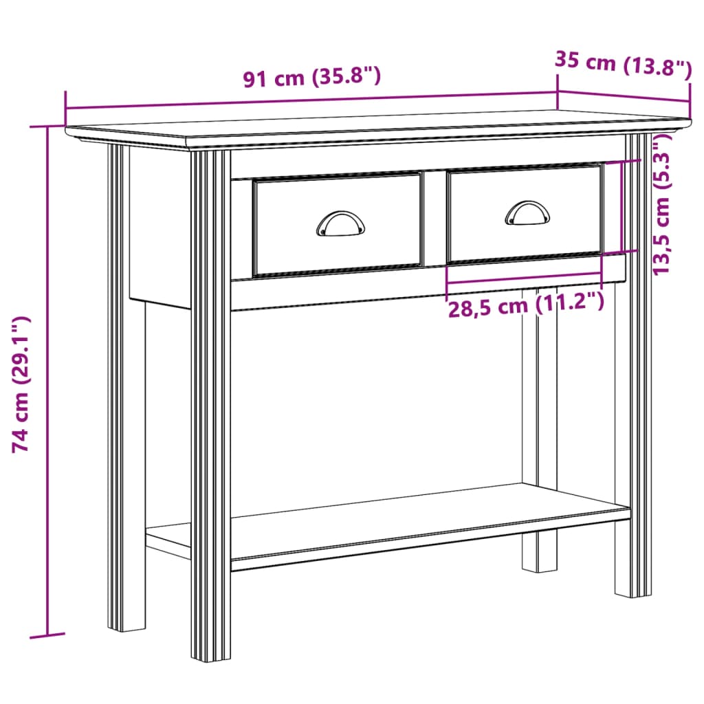 vidaXL Konsollbord BODO brun 91x35x74 cm heltre furu