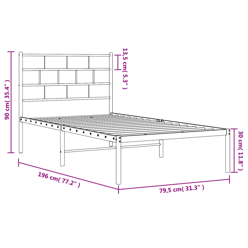 vidaXL Sengeramme i metall med hodegavl hvit 75x190 cm