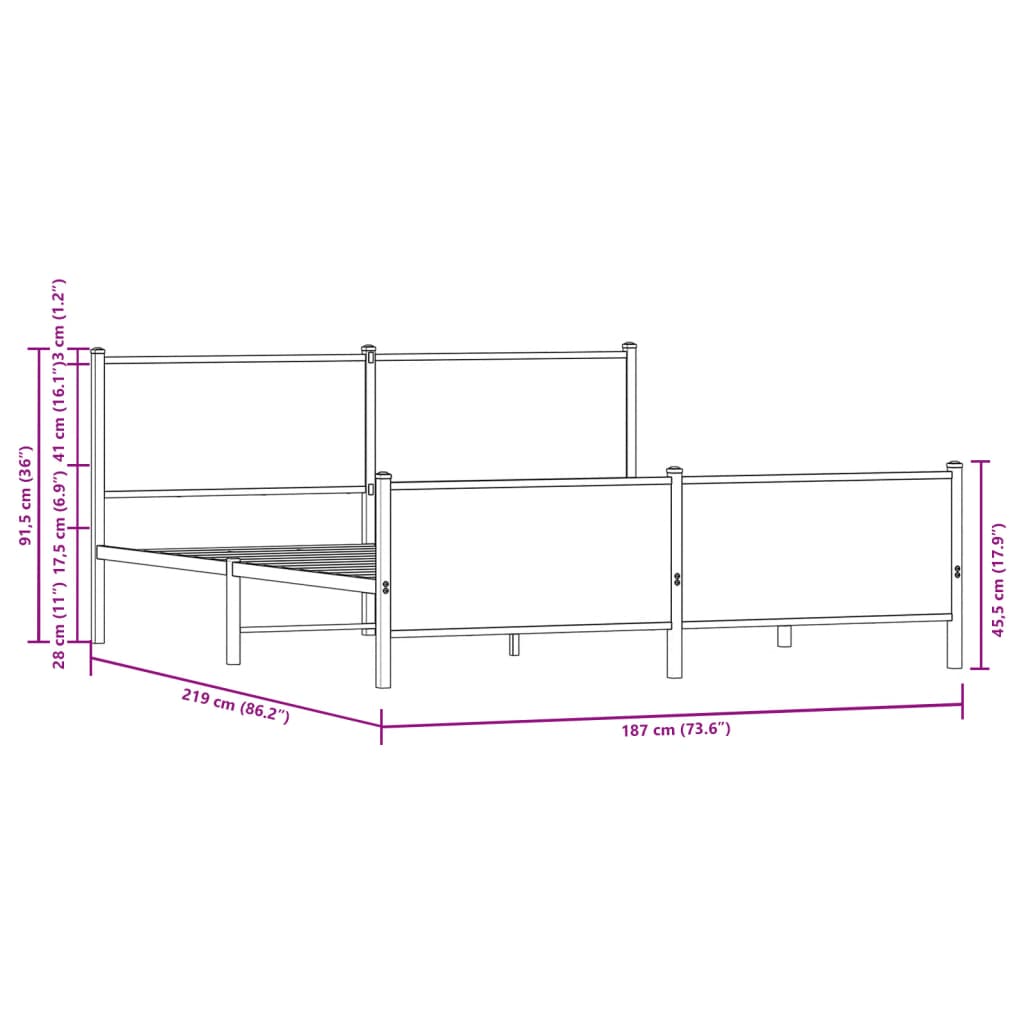 vidaXL Sengeramme i metall uten madrass brun eik 183x213 cm