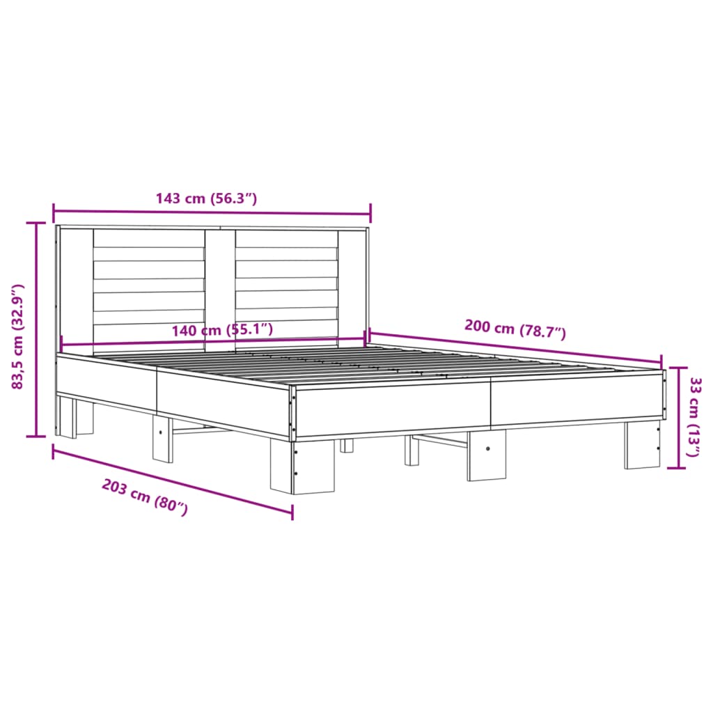 vidaXL Sengeramme brun eik 140x200 cm konstruert tre og metall