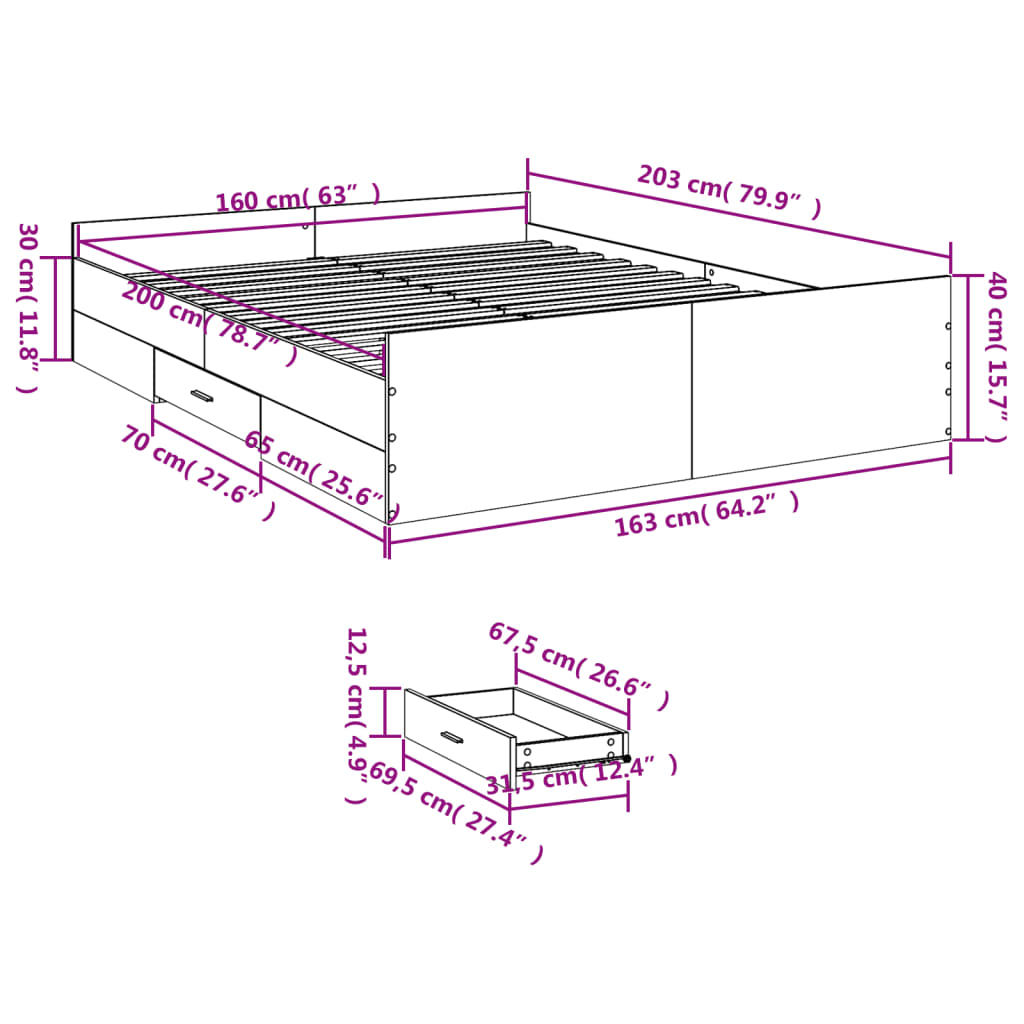 vidaXL Sengeramme med skuffer hvit 160x200 cm konstruert tre