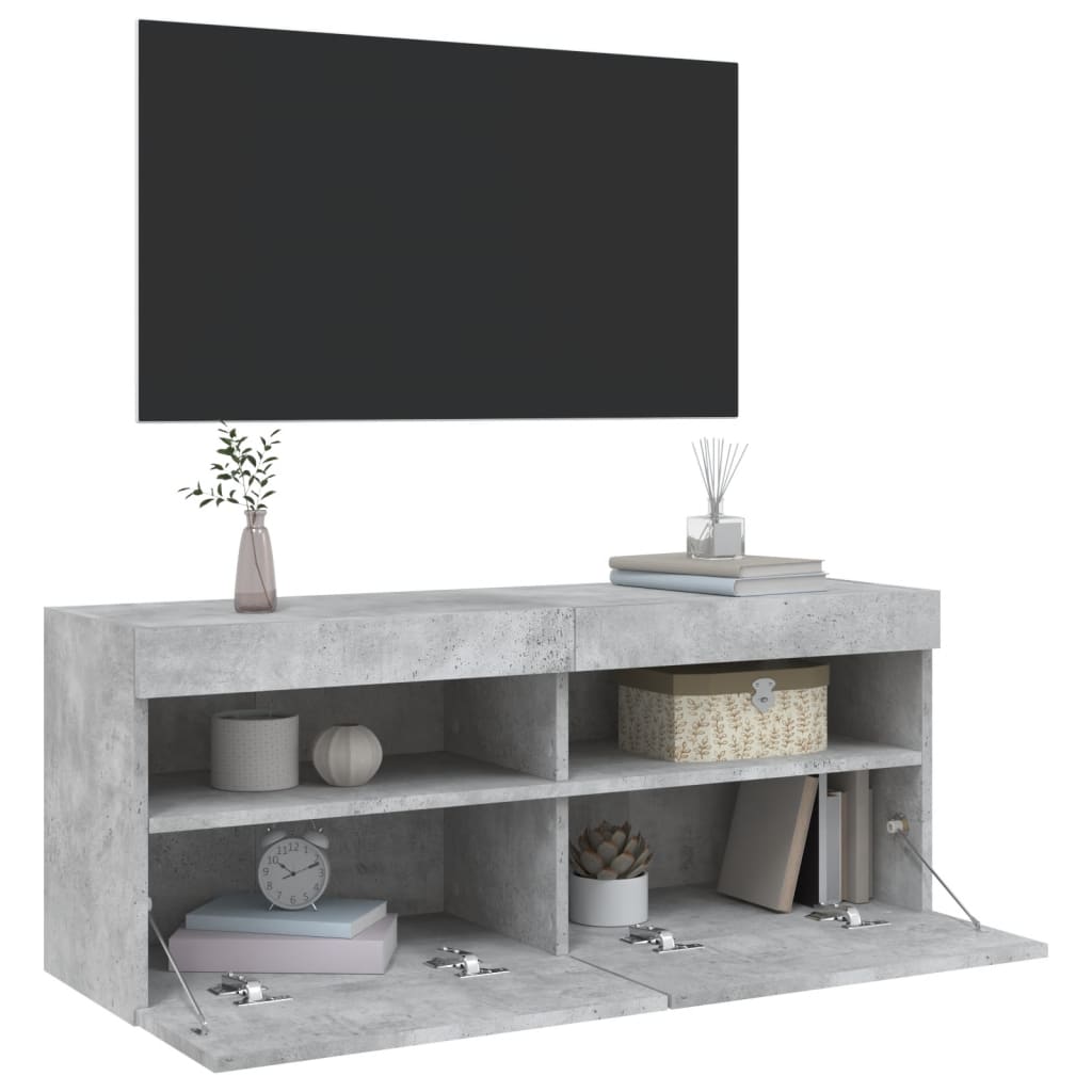 vidaXL Vegghengt TV-benk med LED-lys betonggrå 100x30x40 cm