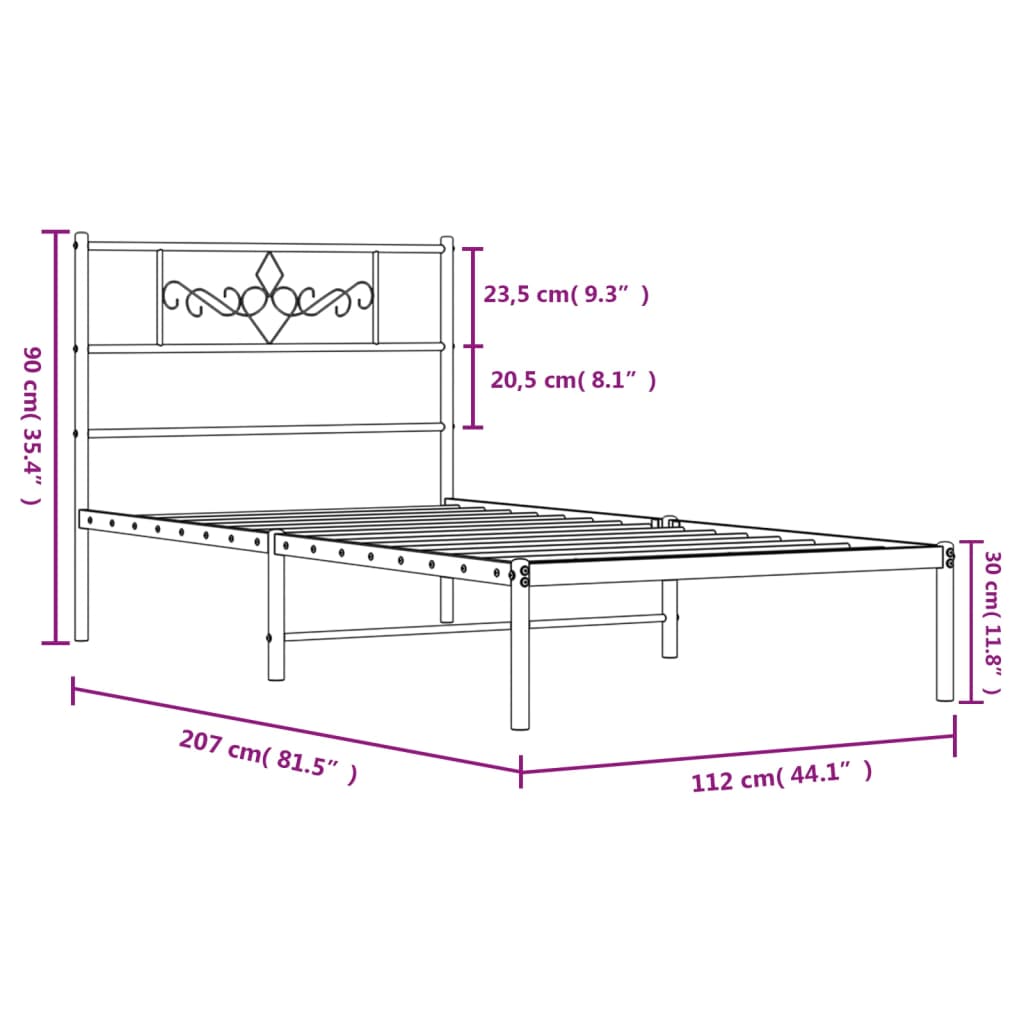 vidaXL Sengeramme i metall med hodegavl hvit 107x203 cm