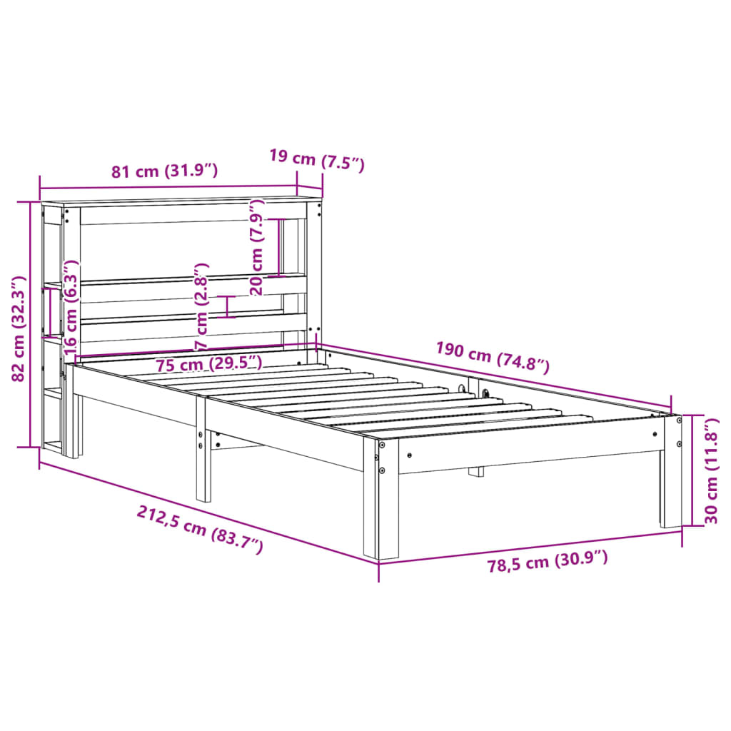 vidaXL Sengeramme med hodegavl hvit 75x190 cm heltre furu