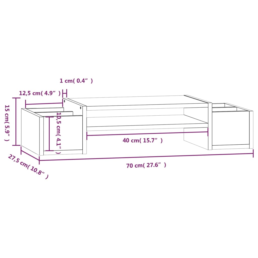 vidaXL Monitorstativ hvit 70x27,5x15 cm heltre furu