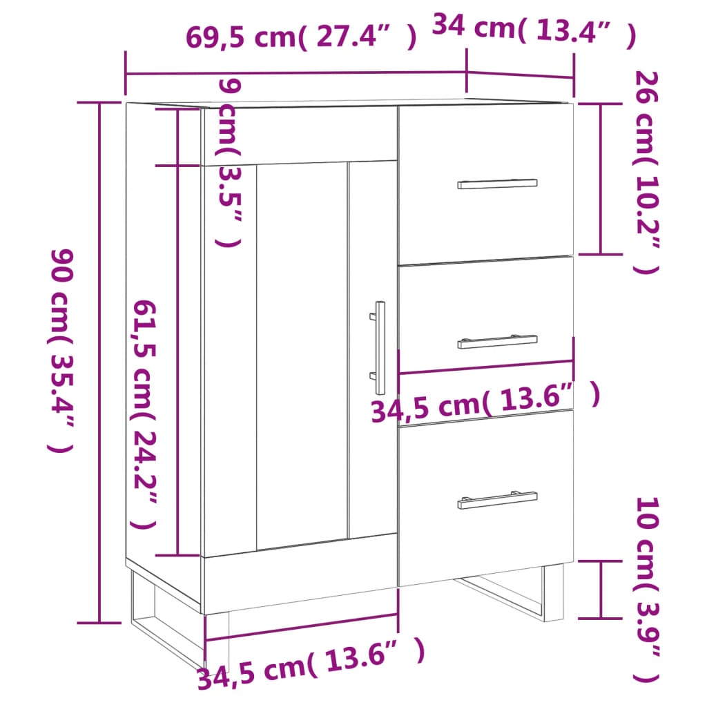 vidaXL Skjenk hvit 69,5x34x90 cm konstruert tre