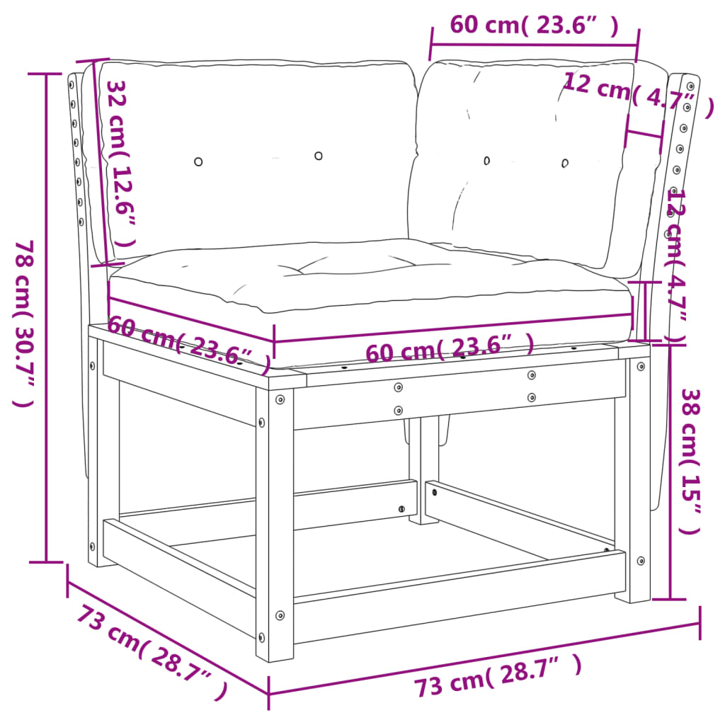 vidaXL Hagesofa for hjørne med pute hvit 73x73x78 cm heltre furu