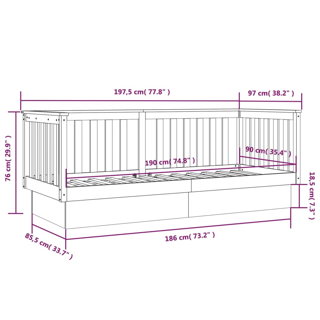 vidaXL Dagseng uten madrass hvit 90x190 cm heltre furu