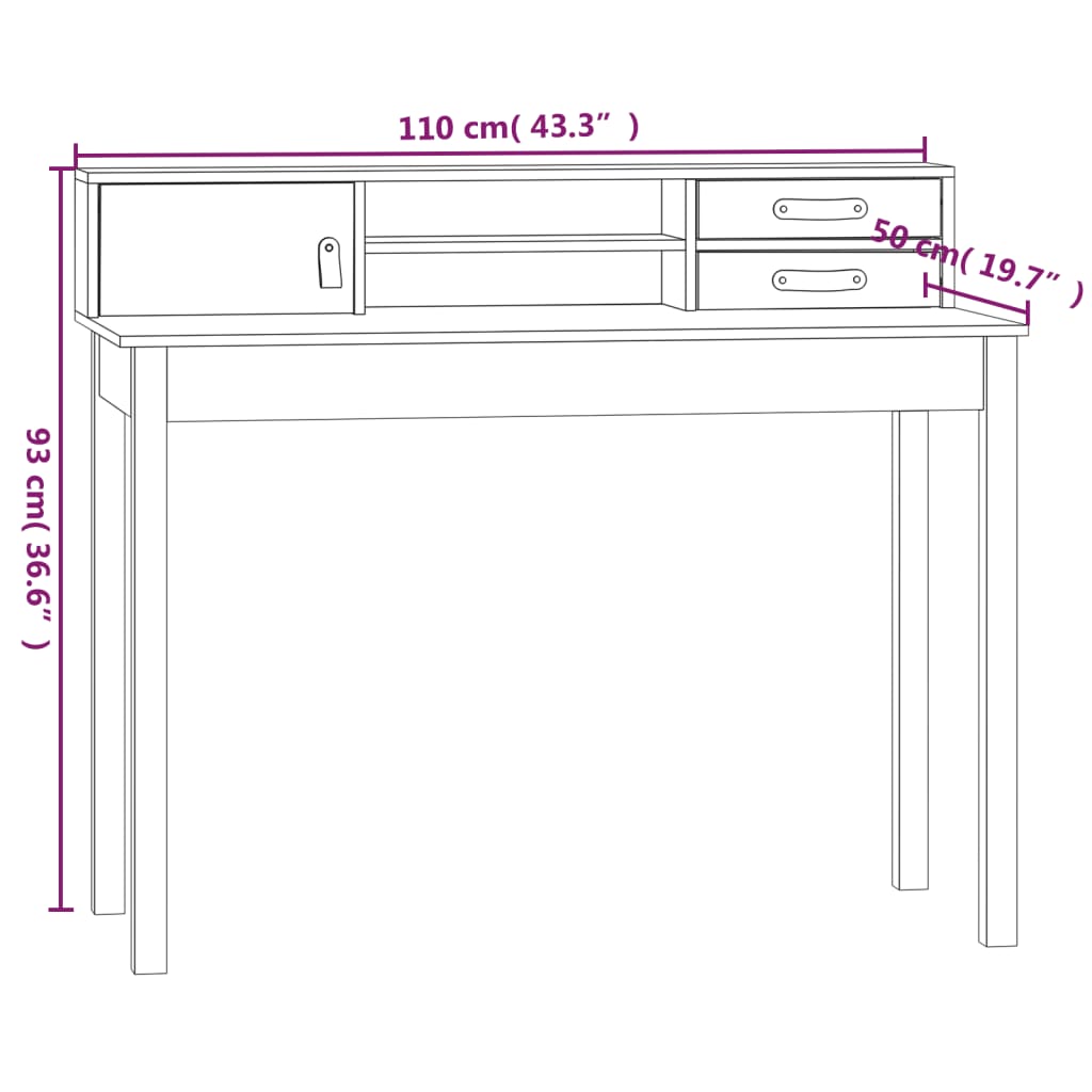 vidaXL Skrivebord svart 110x50x93 cm heltre furu