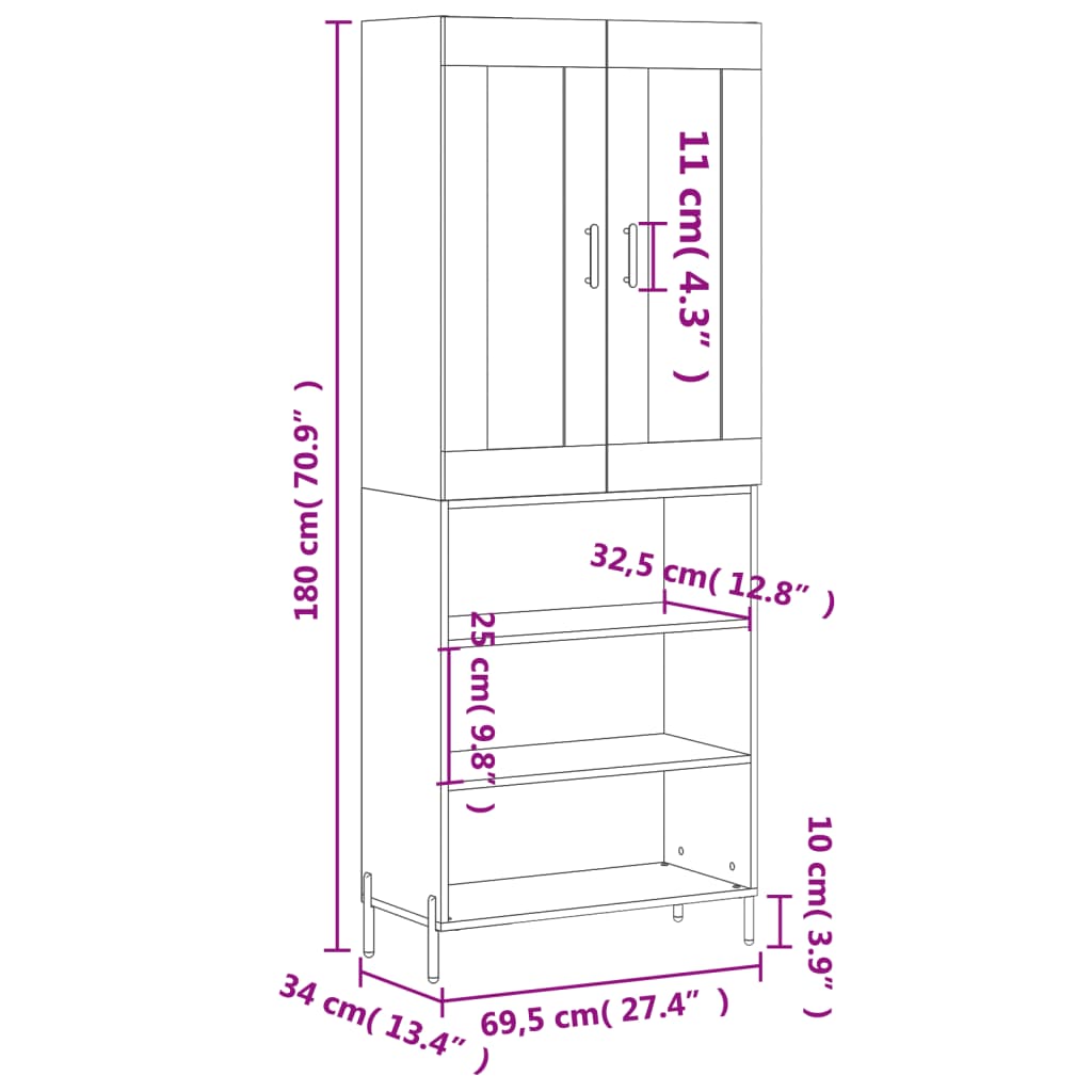 vidaXL Highboard røkt eik 69,5x34x180 cm konstruert tre