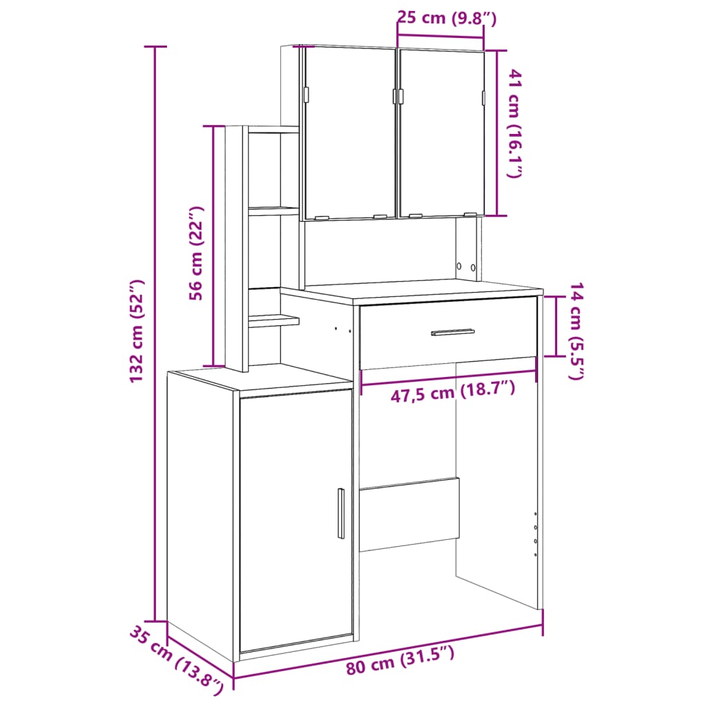 vidaXL Sminkebord med skap svart 80x35x132 cm