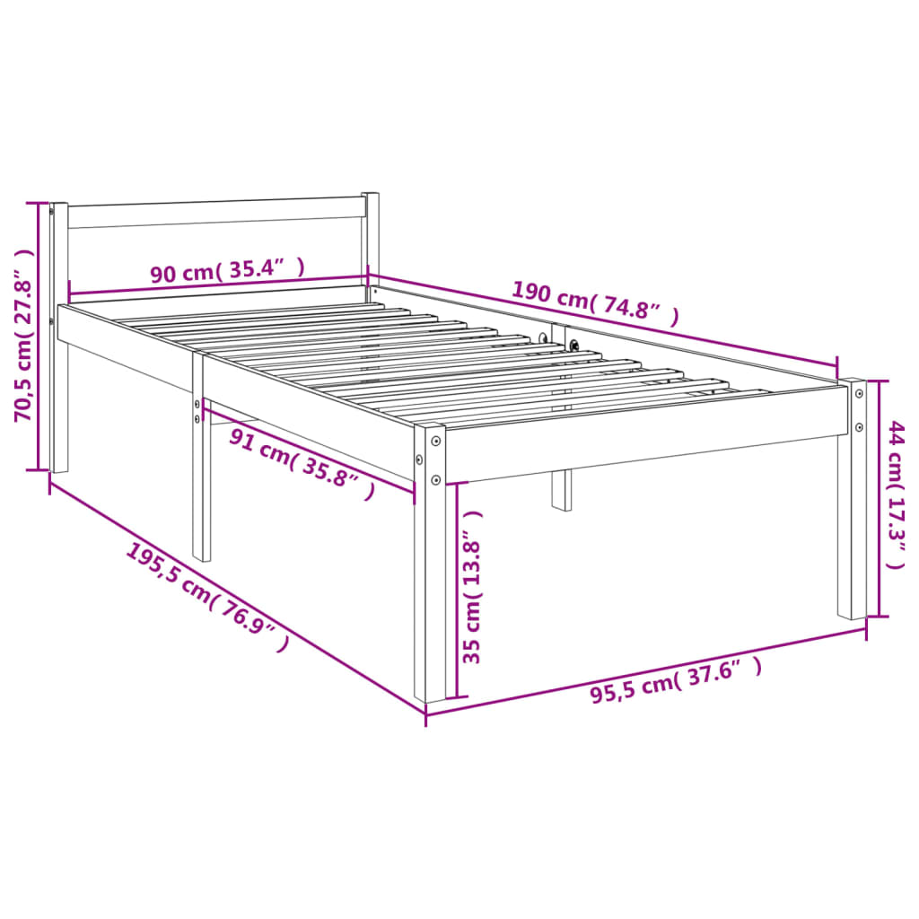 vidaXL Seniorseng 90x190 cm 2FT6 heltre furu