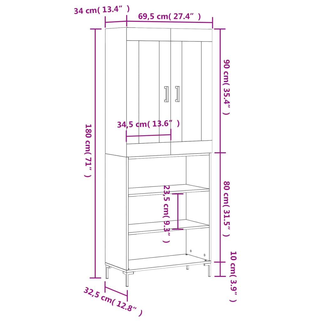 vidaXL Highboard høyglans hvit 69,5x34x180 cm konstruert tre