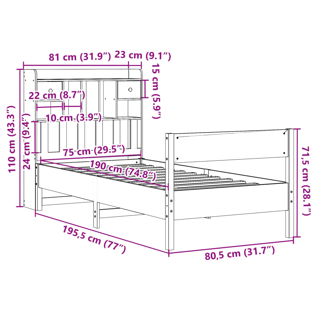 vidaXL Seng med bokhylle uten madrass voksbrun 75x190 cm heltre furu