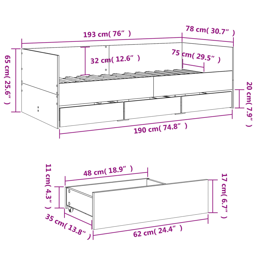 vidaXL Dagseng med skuffer uten Madrass Hvit 75x190 cm