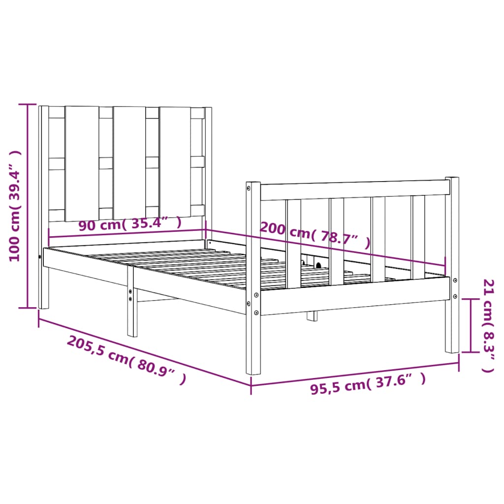 vidaXL Sengeramme med hodegavl hvit 90x200 cm heltre