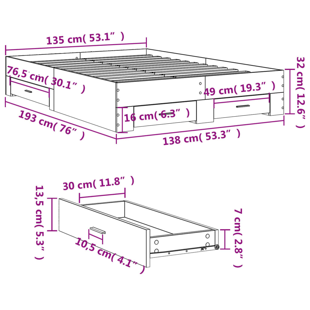 vidaXL Sengeramme med skuffer svart 135x190 cm konstruert tre