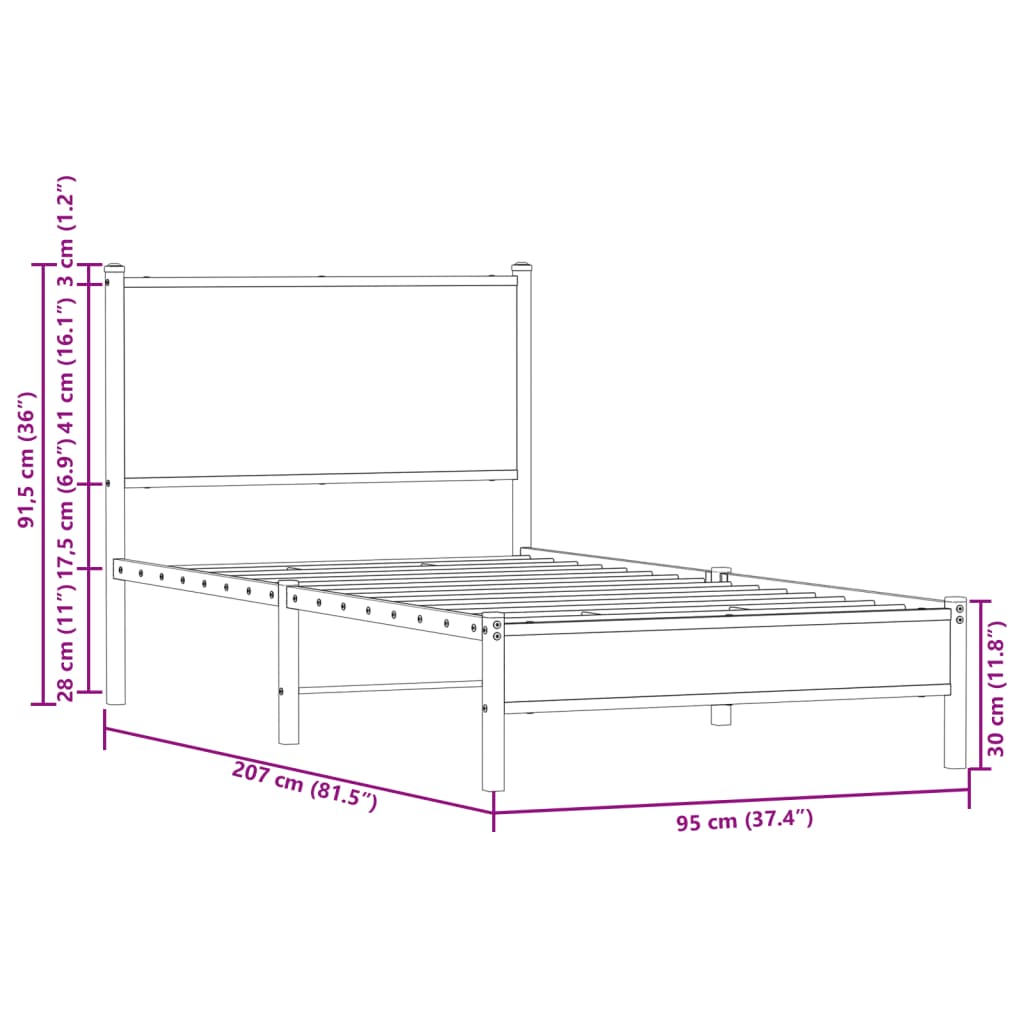 vidaXL Sengeramme i metall uten madrass røkt eik 90x200 cm