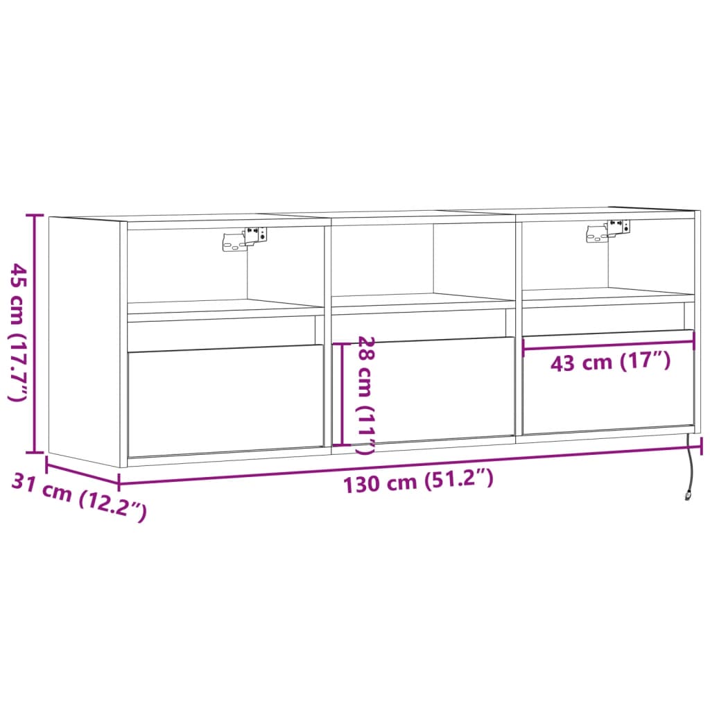 vidaXL Vegghengt TV-benk med LED svart 130x31x45 cm