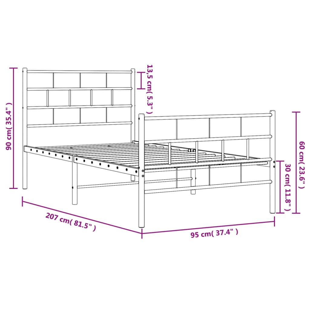 vidaXL Sengeramme i metall med hode- og fotgavl hvit 90x200 cm