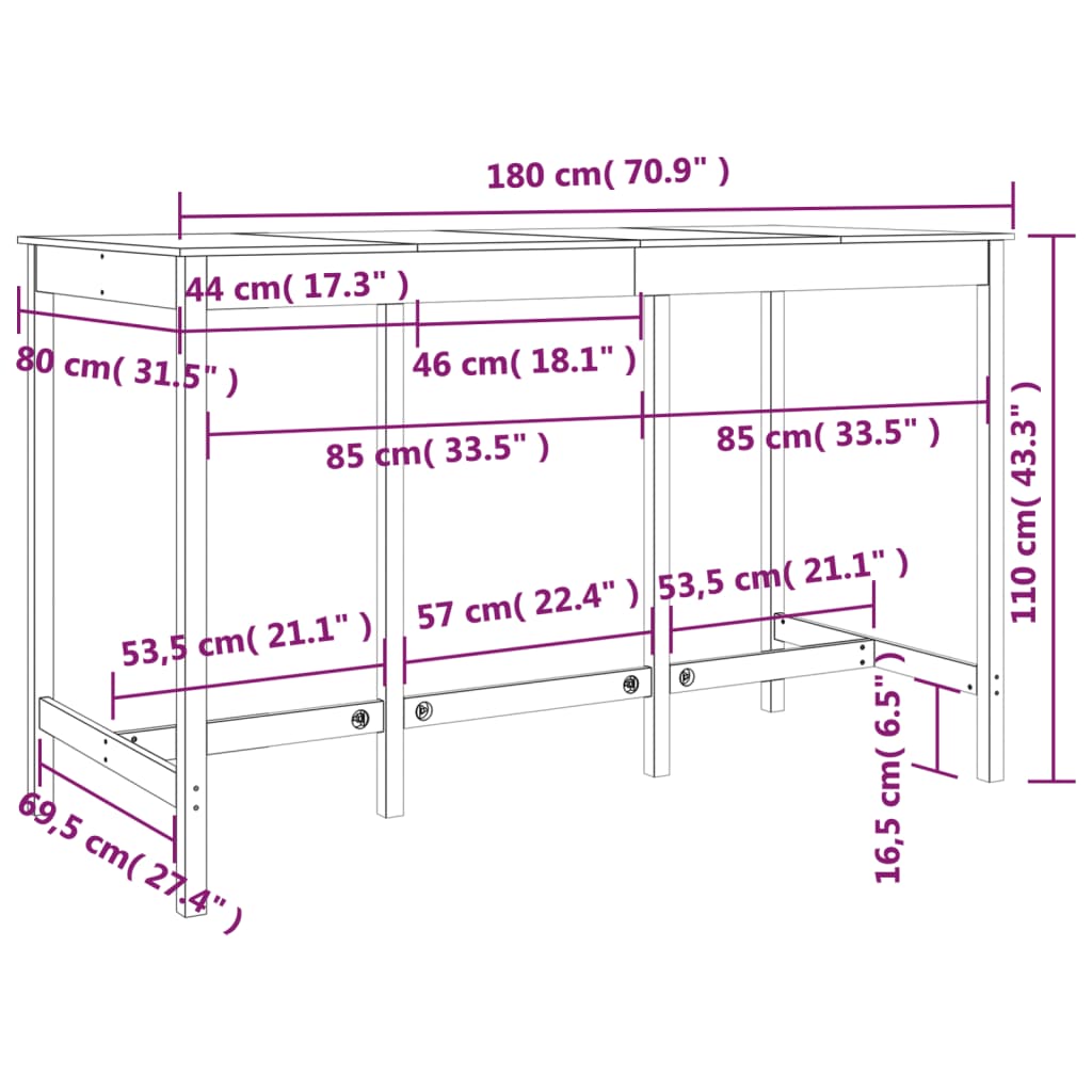 vidaXL Barbord honningbrun 180x80x110 cm heltre furu