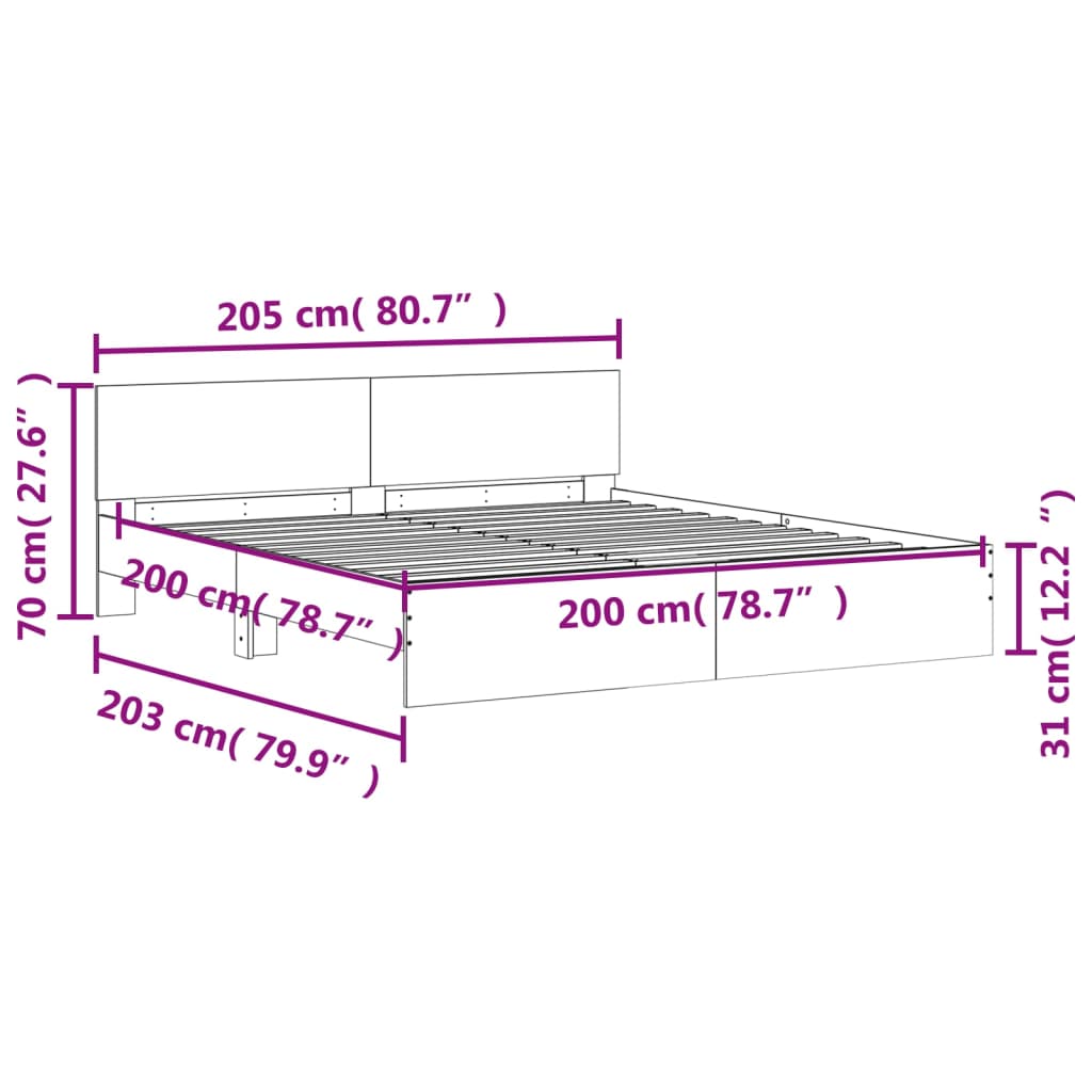 vidaXL Sengeramme med sengegavl og LED hvit 200x200 cm