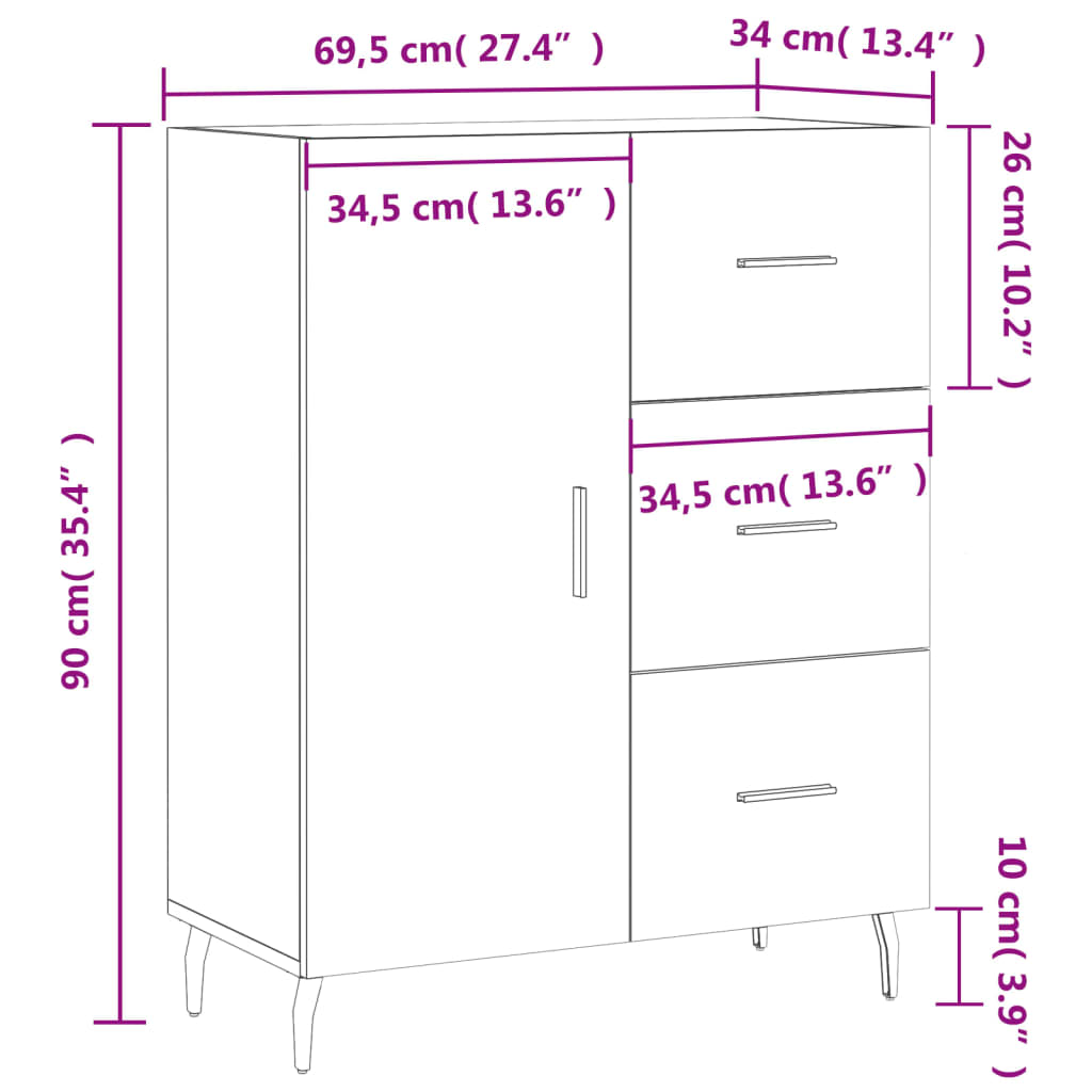 vidaXL Skjenk hvit 69,5x34x90 cm konstruert tre