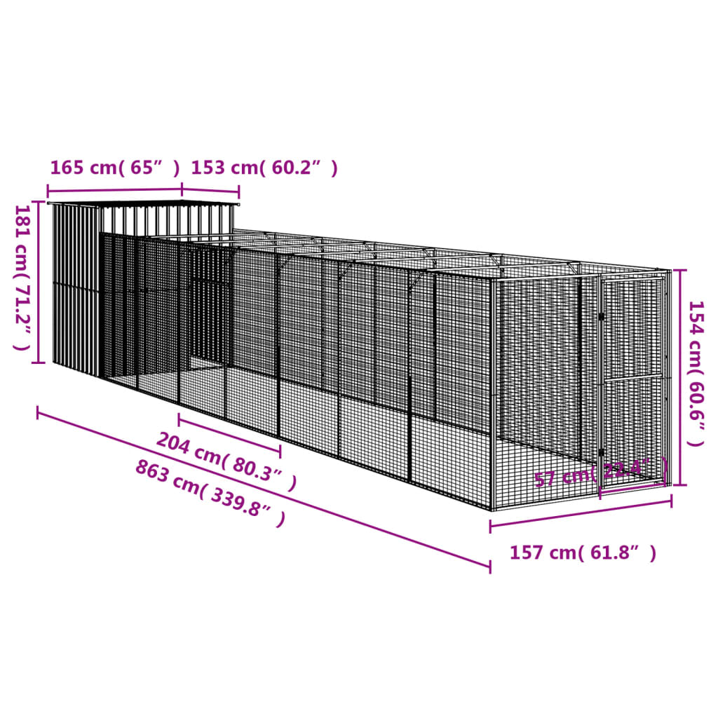 vidaXL Hundehus med tak lysegrå 165x863x181 cm galvanisert stål