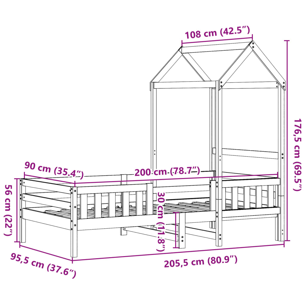 vidaXL Sengeramme med tak 90x200 cm heltre furu