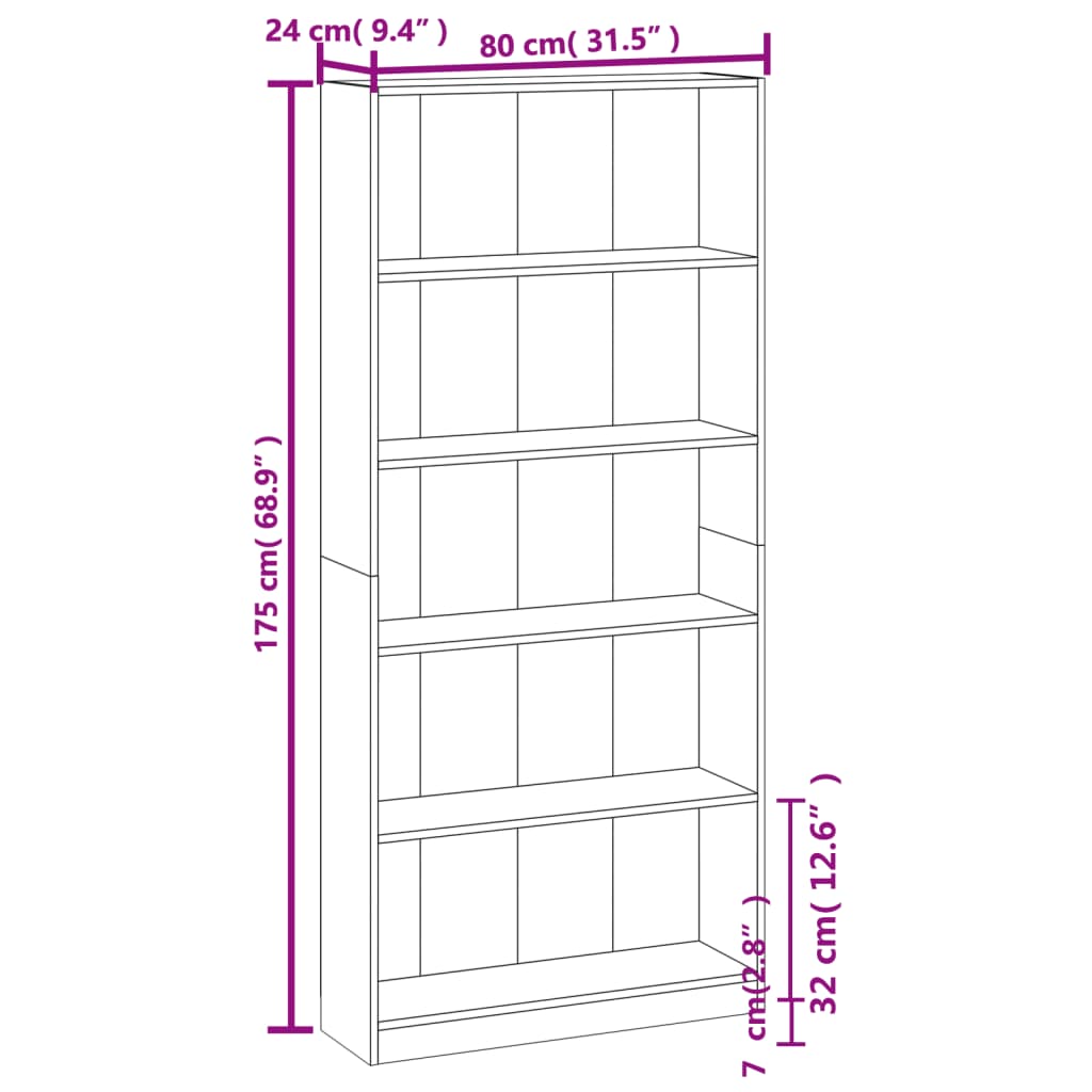 vidaXL Bokhylle 5 etasjer røkt eik 80x24x175 cm konstruert tre