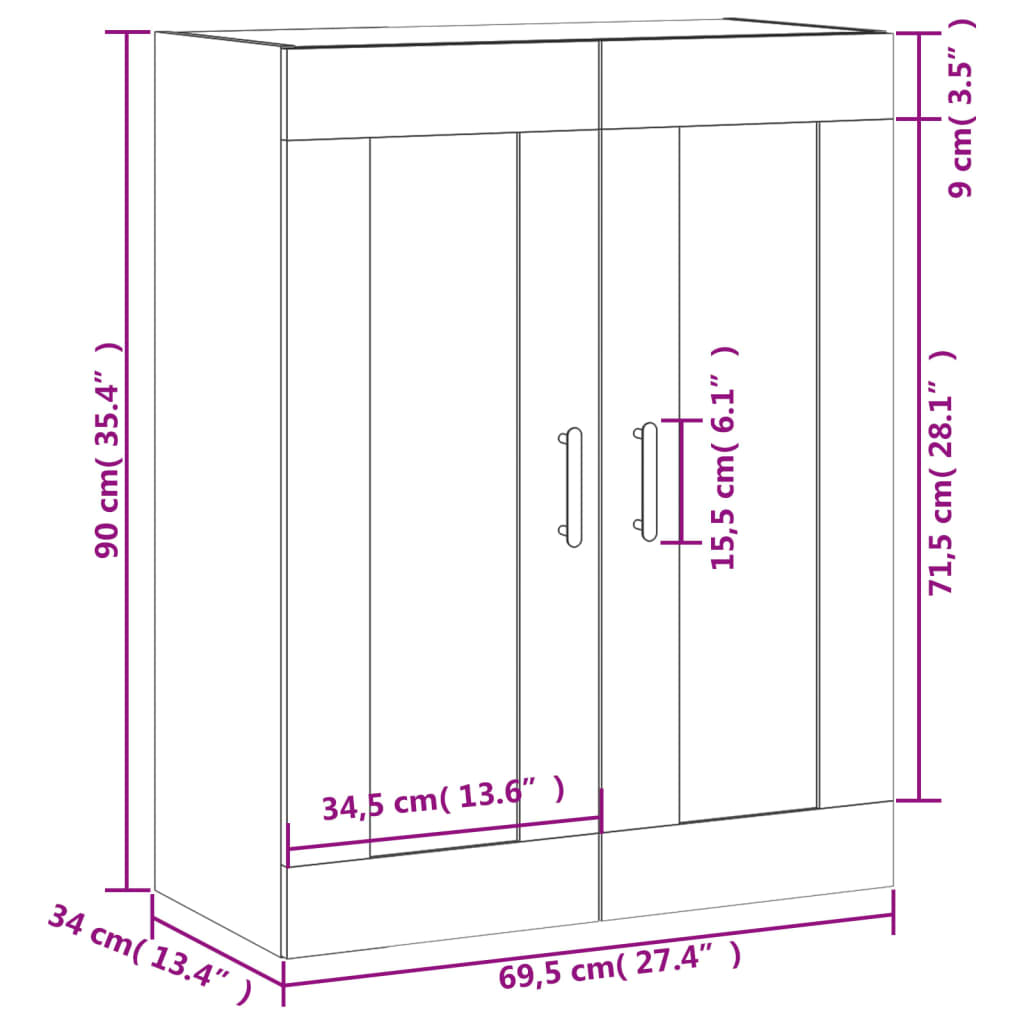 vidaXL Veggmontert skap hvit 69,5x34x90 cm konstruert tre