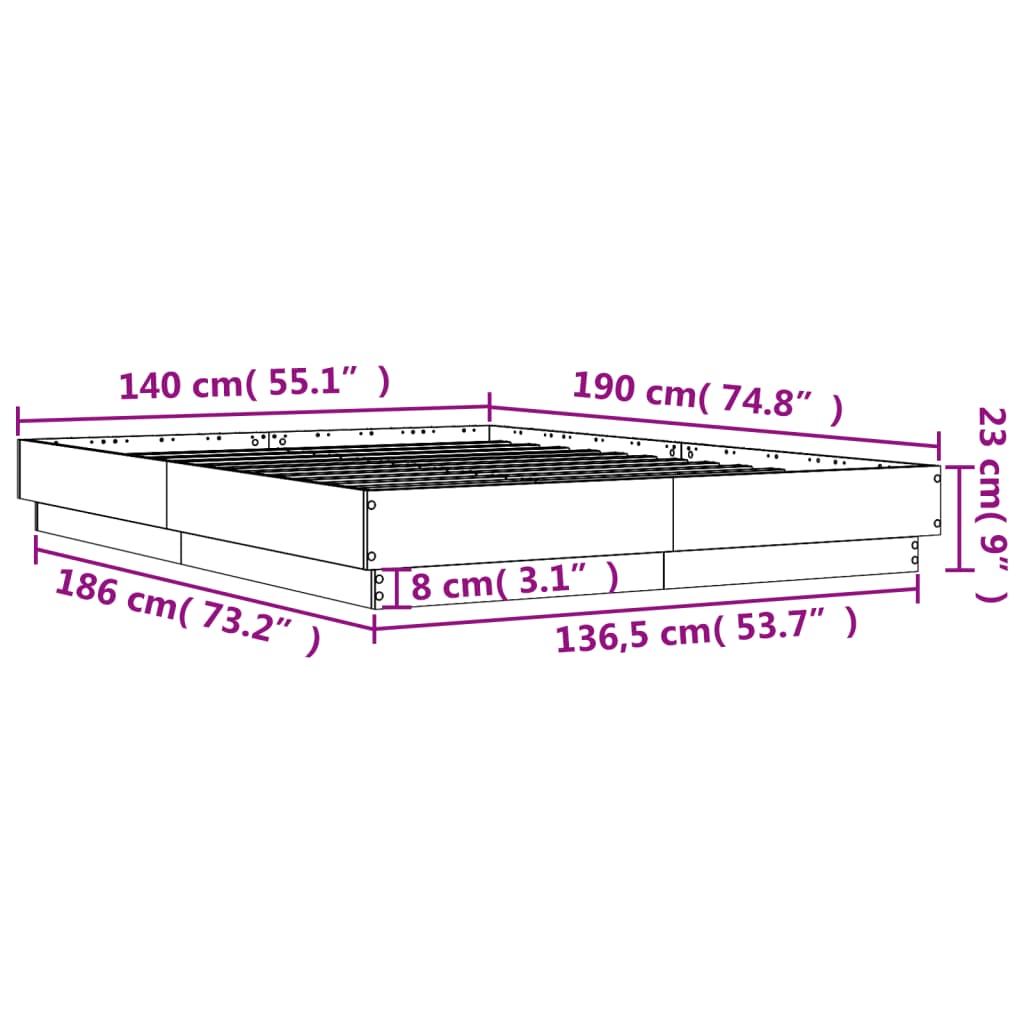 vidaXL Sengeramme med LED-lys grå sonoma 140x190 cm