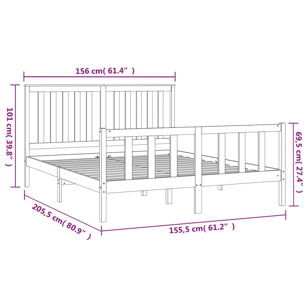 vidaXL Sengeramme med hodegavl hvit 150x200 cm heltre furu king size