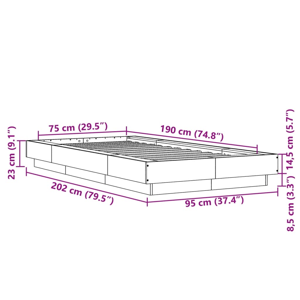 vidaXL Sengeramme med LED-lys sonoma eik 75x190 cm konstruert tre