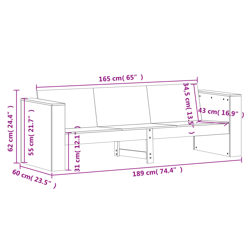 vidaXL Hagesofa 3-seters 189x60x62 cm heltre furu