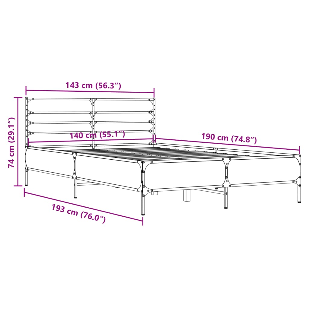 vidaXL Sengeramme grå sonoma 140x190 cm konstruert tre og metall