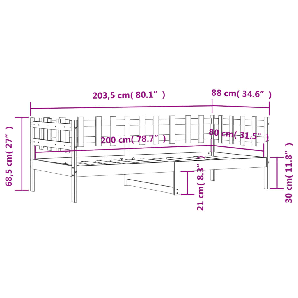 vidaXL Dagseng svart 80x200 cm heltre furu