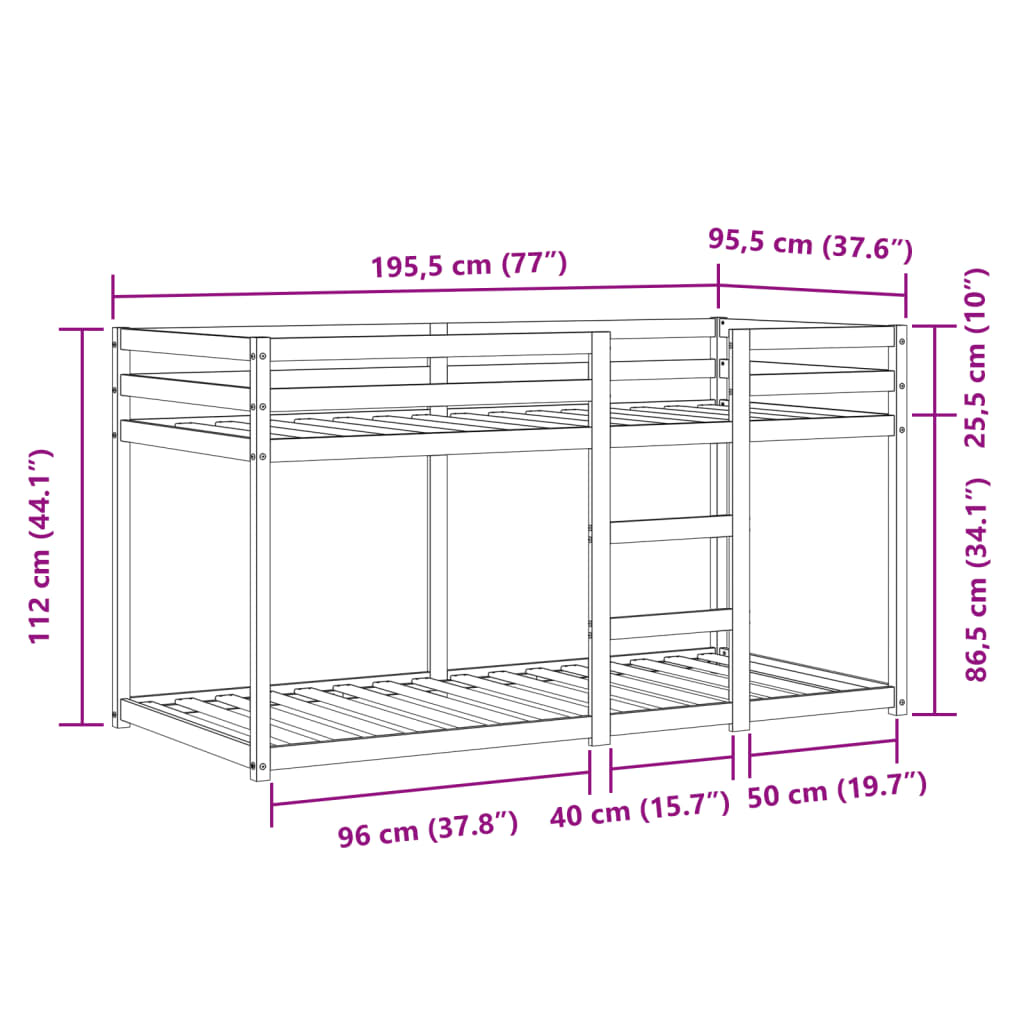 vidaXL Køyeseng med gardiner hvit og svart 90x190 cm heltre furu